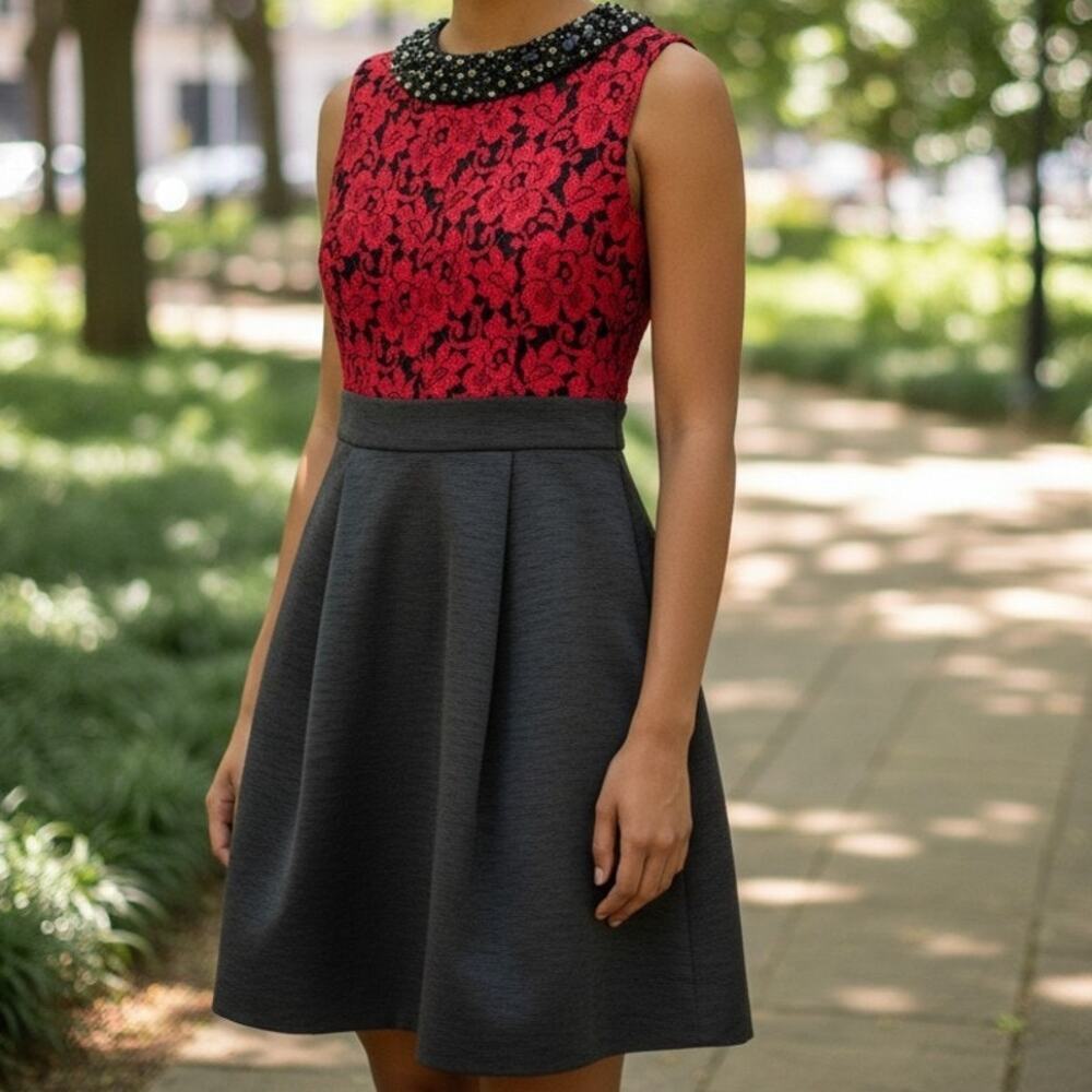 Eliza J Sz 4P Red/Blk Floral Dress Beaded Collar Lace Fit and Flare‎